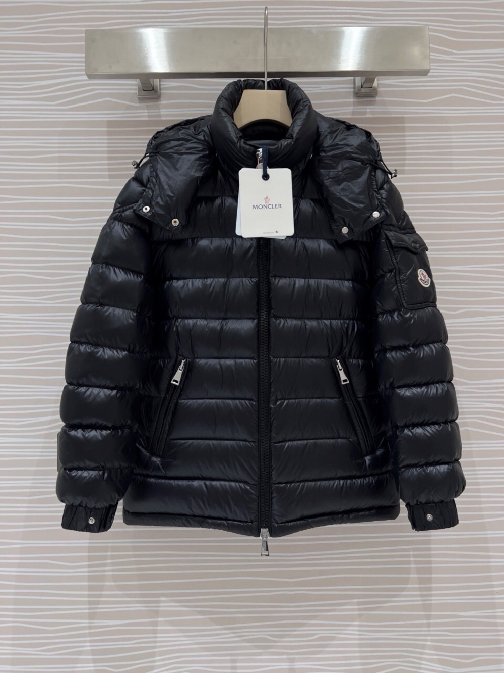 Moncler Black Shiny Quilted Puffer Jacket with Detachable Hood